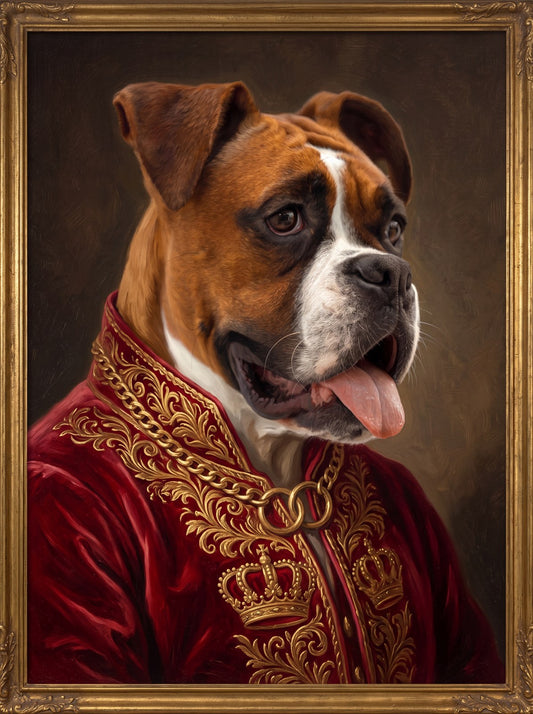 Retrato al óleo de un bóxer con manto rojo y dorado