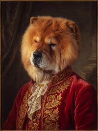 Retrato al óleo de un chow chow con traje de realeza